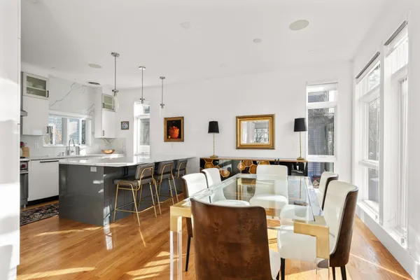 a view of a dining room with furniture