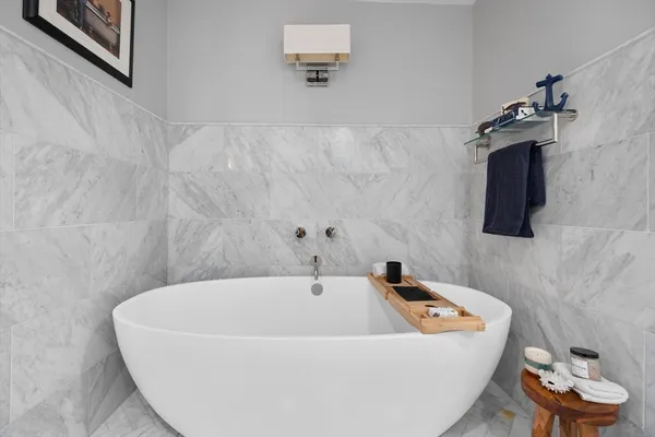 a bathroom with a bathtub