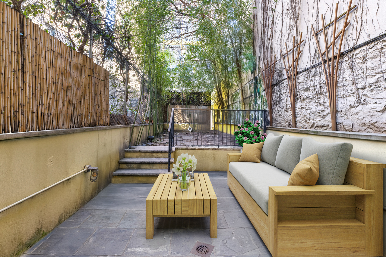 239 East 7th Street, Unit 1 Manhattan, NY 10009 - Photo 9 of 9 a balcony with couple of couches and potted plants with wooden floor and fence