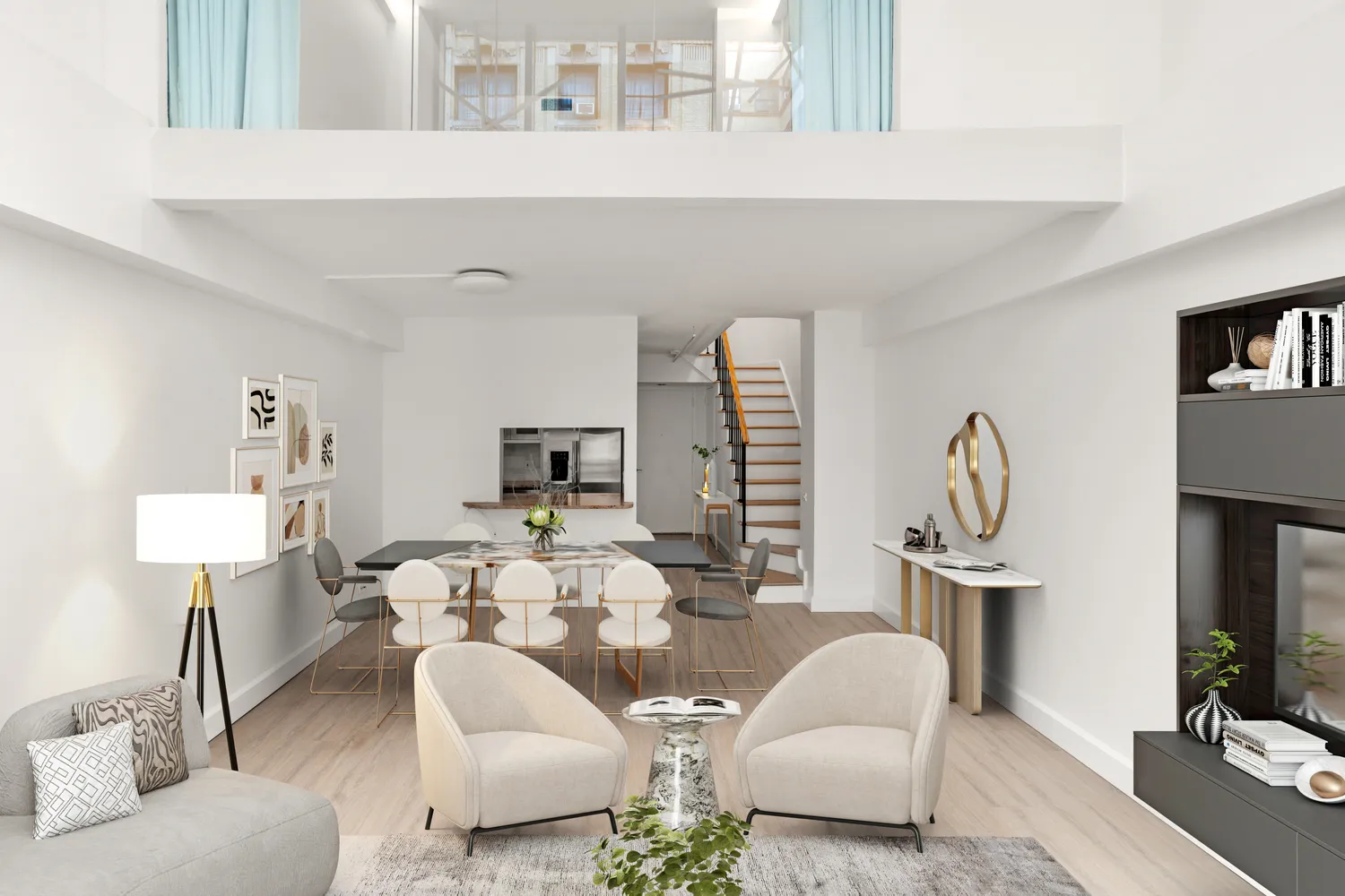 a living room with furniture and a lamp