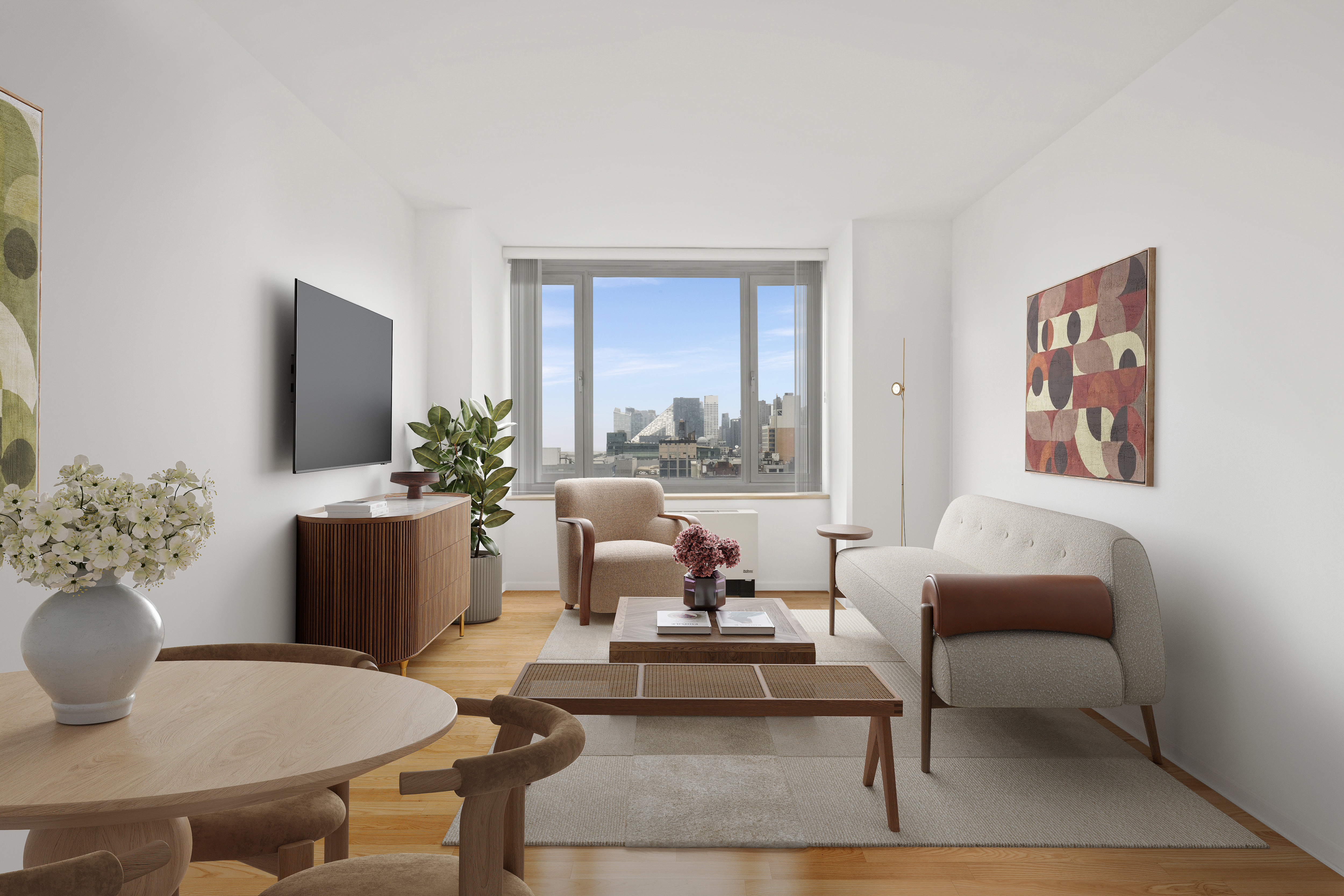 635 West 42nd Street, Unit 12D Manhattan, NY 10036 - Photo 3 of 18 a living room with furniture potted plant and a window