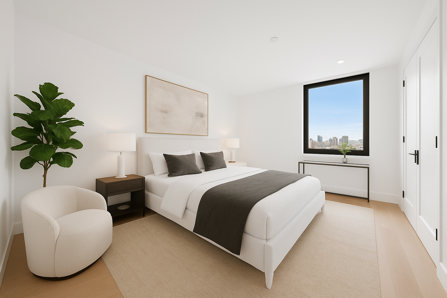 136 East Broadway, Unit PHA Manhattan, NY 10002 - Photo 6 of 12 a bedroom with bed and a potted plant