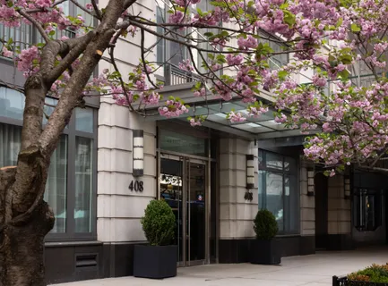 a view of a building with a tree