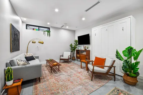a living room with furniture and a potted plant
