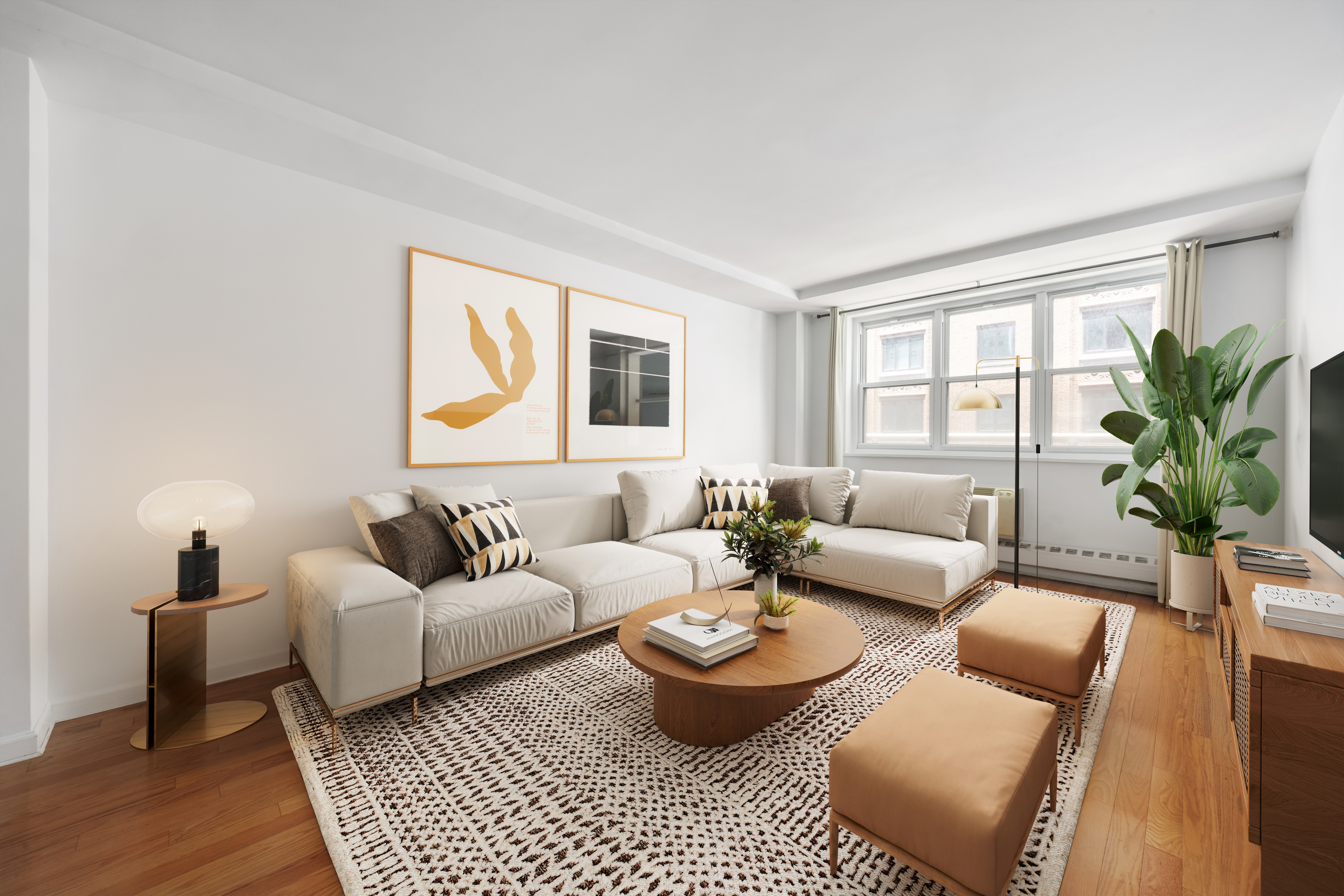 a living room with furniture and a potted plant