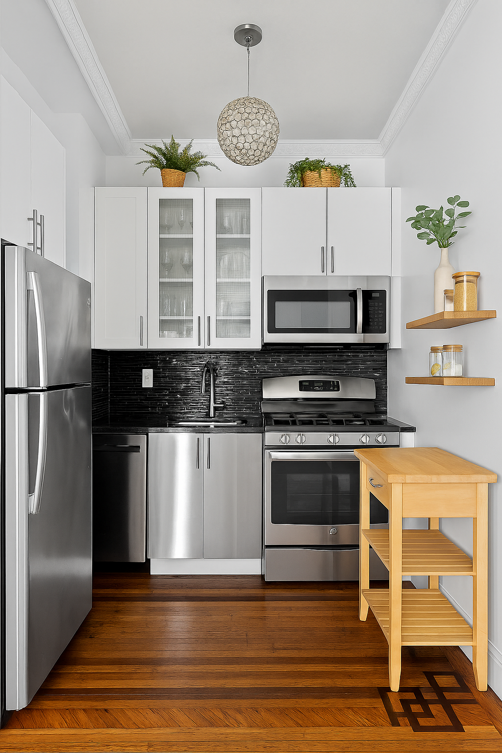 237 Hancock Street, Unit 11 Brooklyn, NY 11216 - Photo 3 of 10 a kitchen with granite countertop a refrigerator a stove a microwave and cabinets