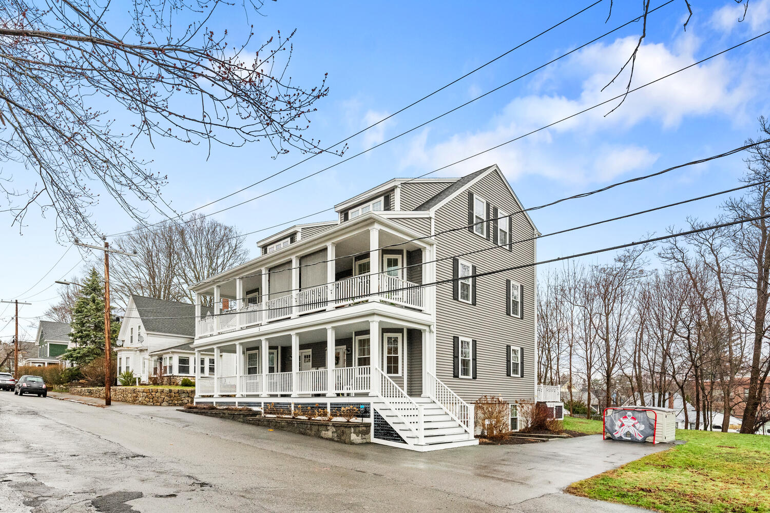 a front view of a building with street view