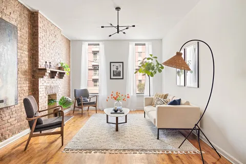 a living room with furniture and a potted plant