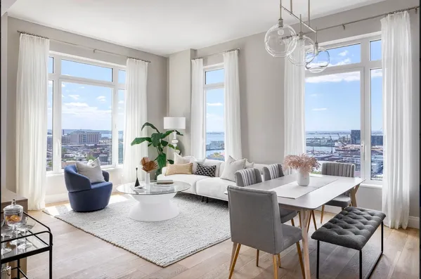 a living room with furniture potted plant and a window