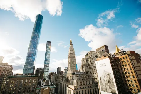 a view of a city with tall buildings