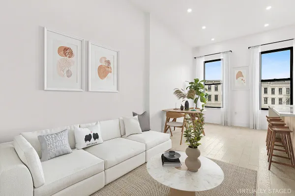 a living room with furniture potted plant and a couch