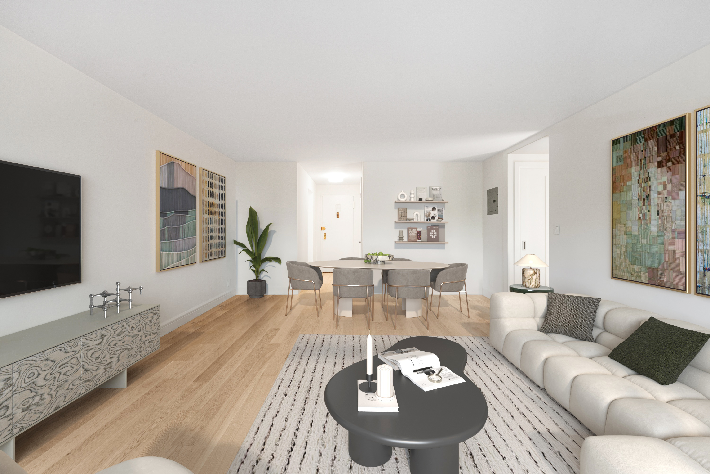 a living room with furniture a flat screen tv and a large window