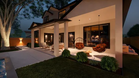 a view of a backyard with patio and outdoor seating