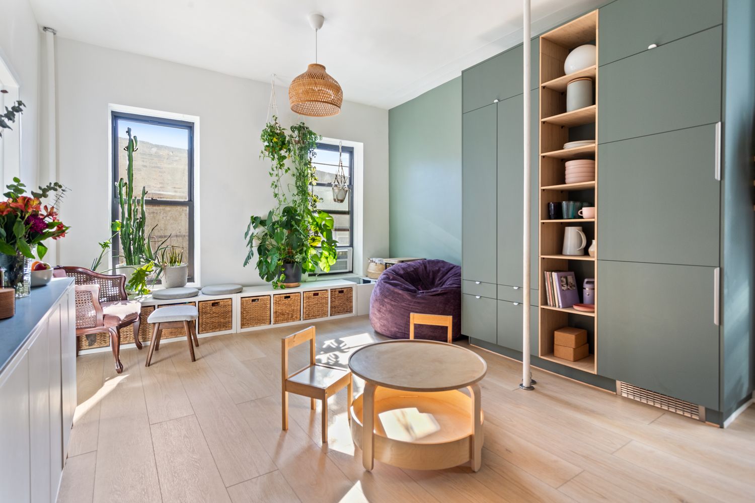 a living room with furniture a rug and a potted plant