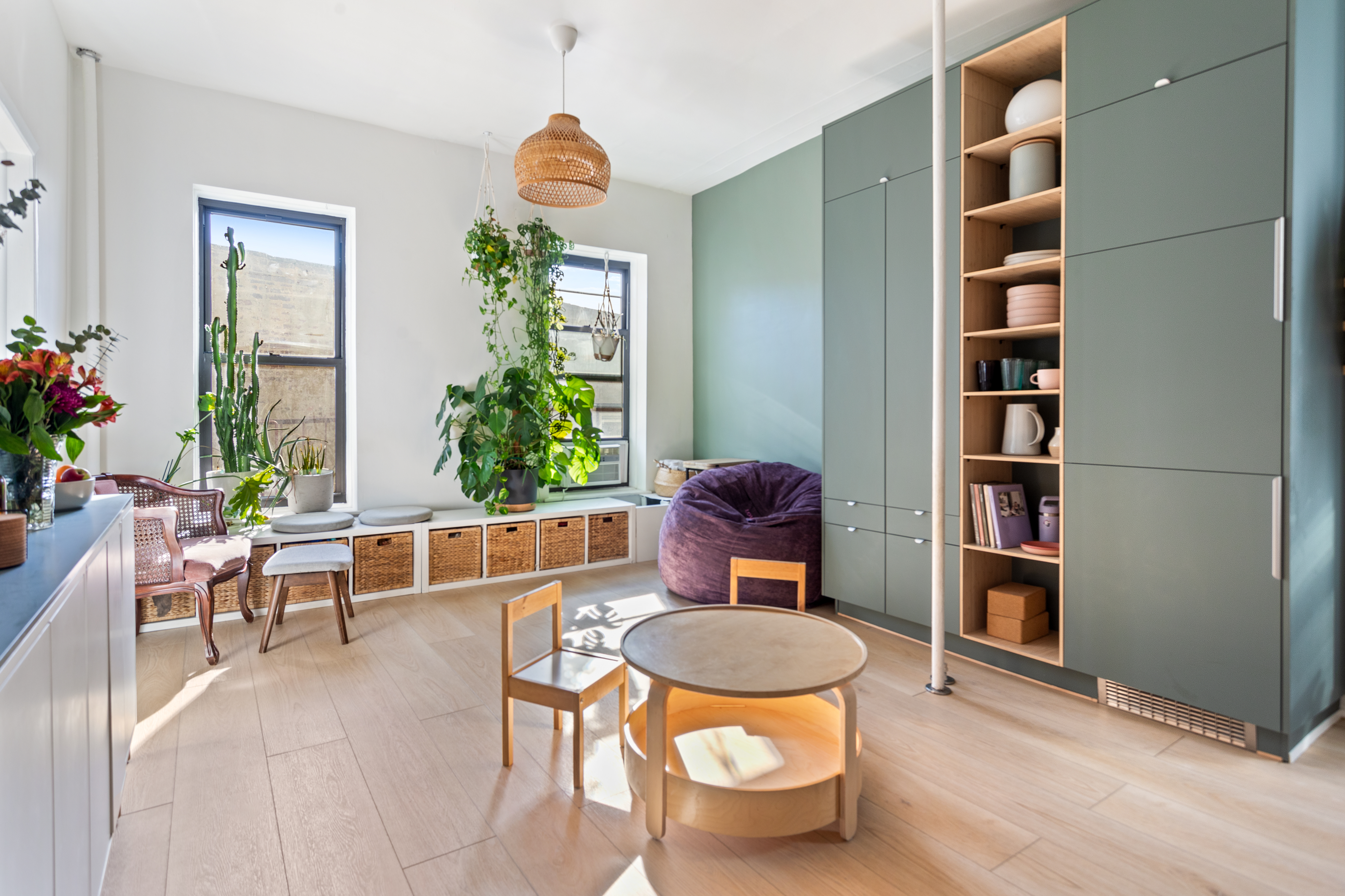 a living room with furniture a rug and a potted plant