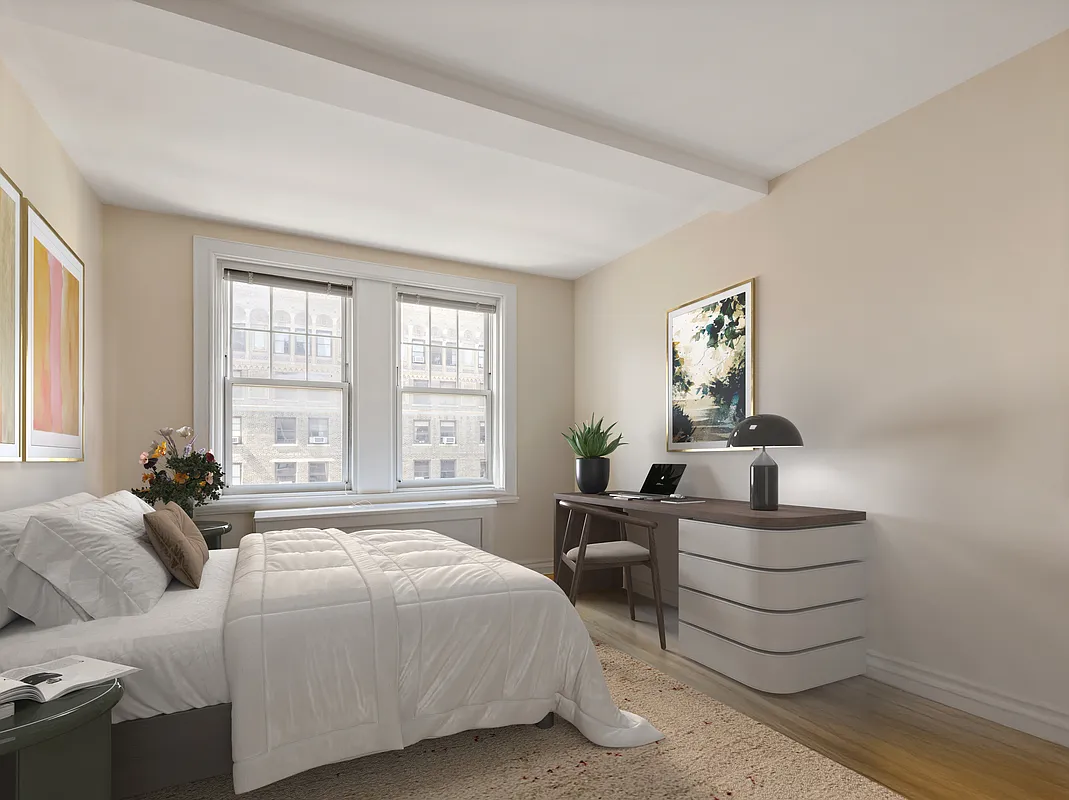 27 West 72nd Street, Unit 1403 Manhattan, NY 10023 - Photo 5 of 16 a bedroom with a bed and a table in it with window