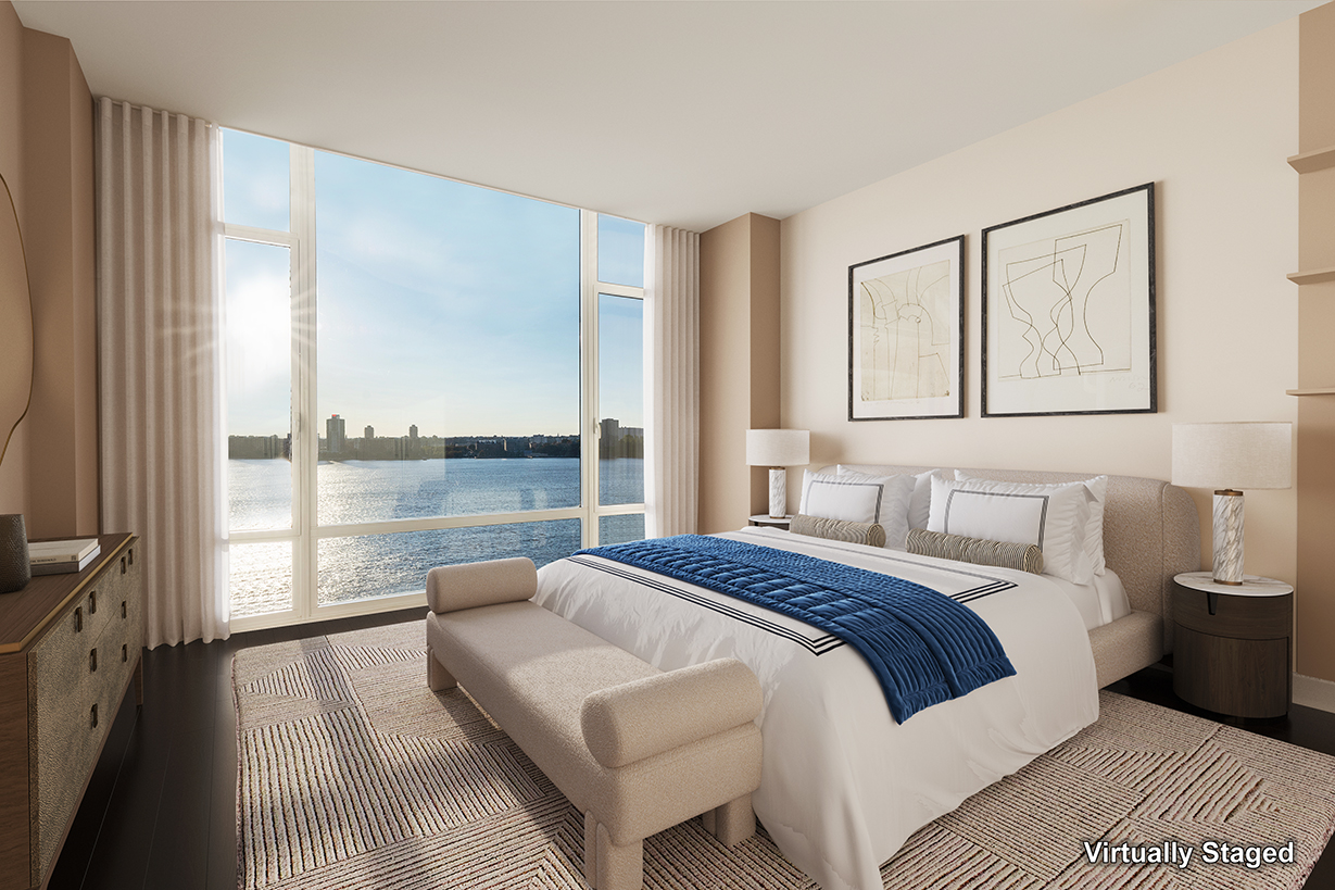 400 West 12th Street, Unit 12C Manhattan, NY 10014 - Photo 11 of 24 a bedroom with a bed and a large window