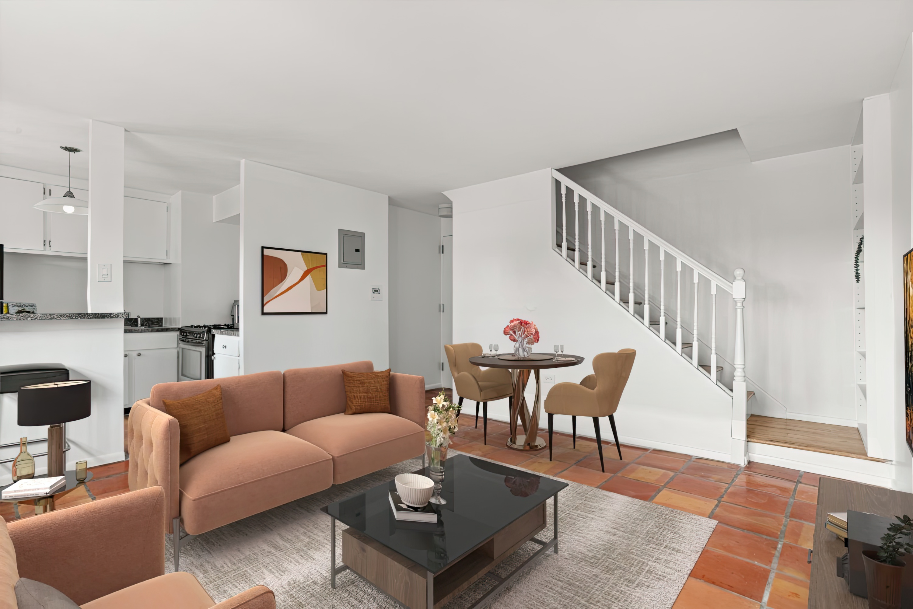 609 Columbus Avenue, Unit 14E Manhattan, NY 10024 - Photo 14 of 24 a living room with furniture a rug and a dining table with kitchen view