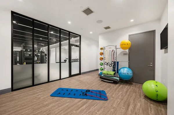 a living room with wooden floor