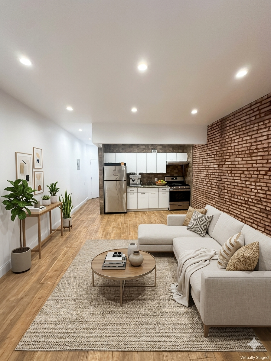 a living room with furniture and kitchen view
