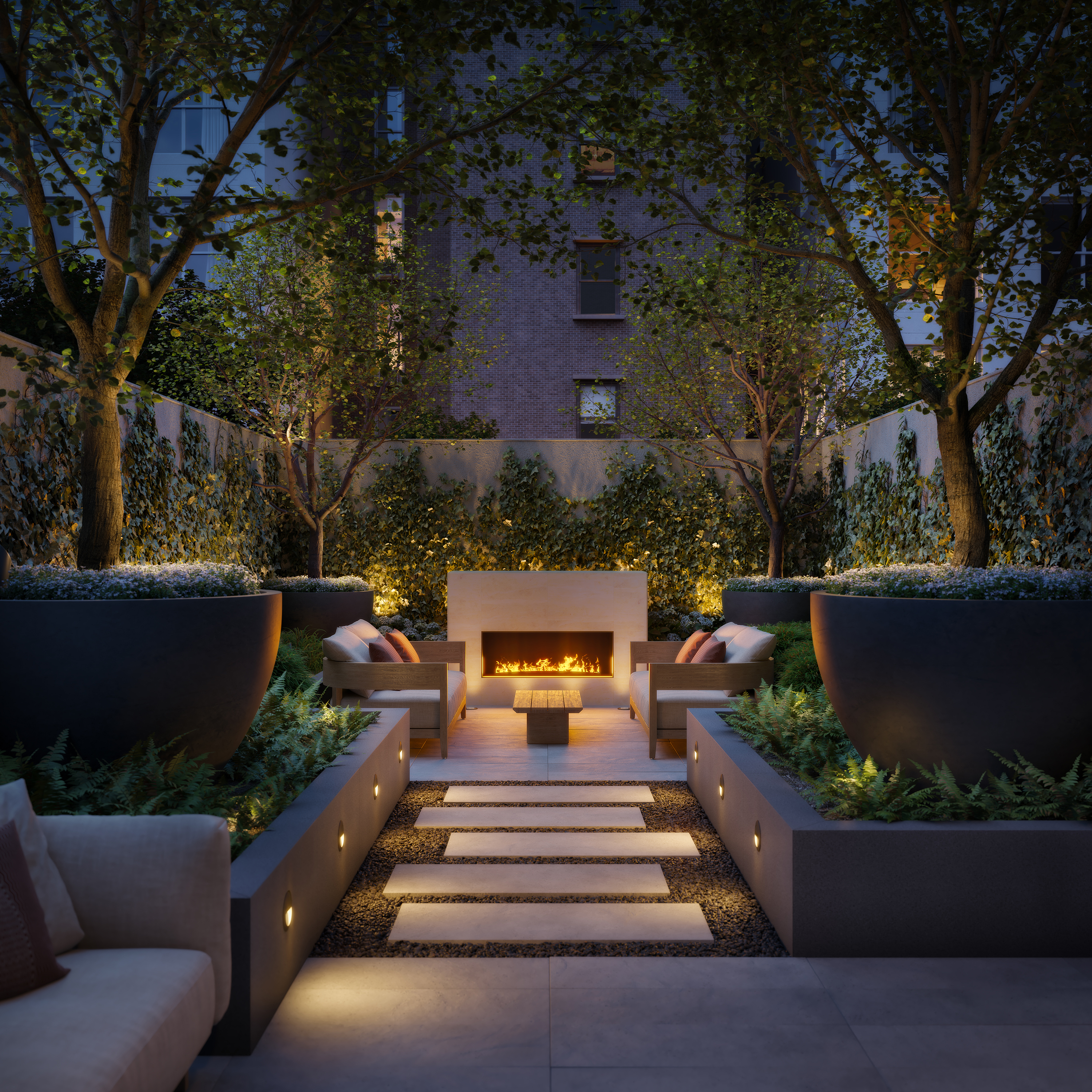 200 East 75th Street, Unit 4B Manhattan, NY 10021 - Photo 10 of 24 a view of a patio with couches and a fire pit and a large tree