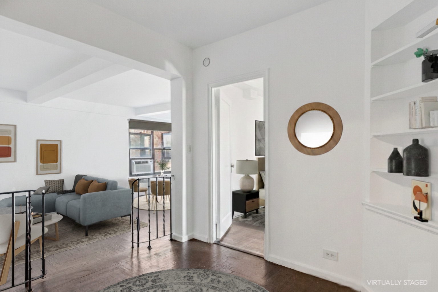 70 Park Terrace West, Unit E74 Manhattan, NY 10034 - Photo 11 of 27 a living room with furniture and a mirror