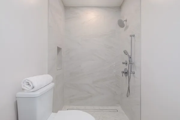 a bathroom with a shower and toilet