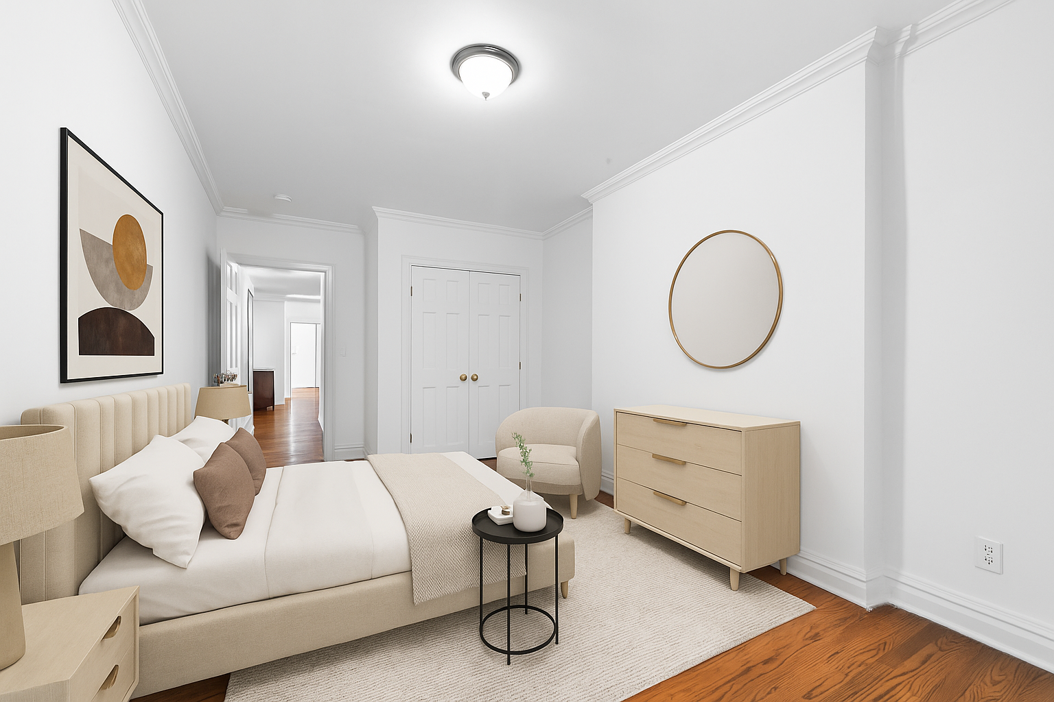 142 Sullivan Street, Unit 21 Manhattan, NY 10012 - Photo 6 of 8 a bedroom with a bed wooden floor and white cabinet