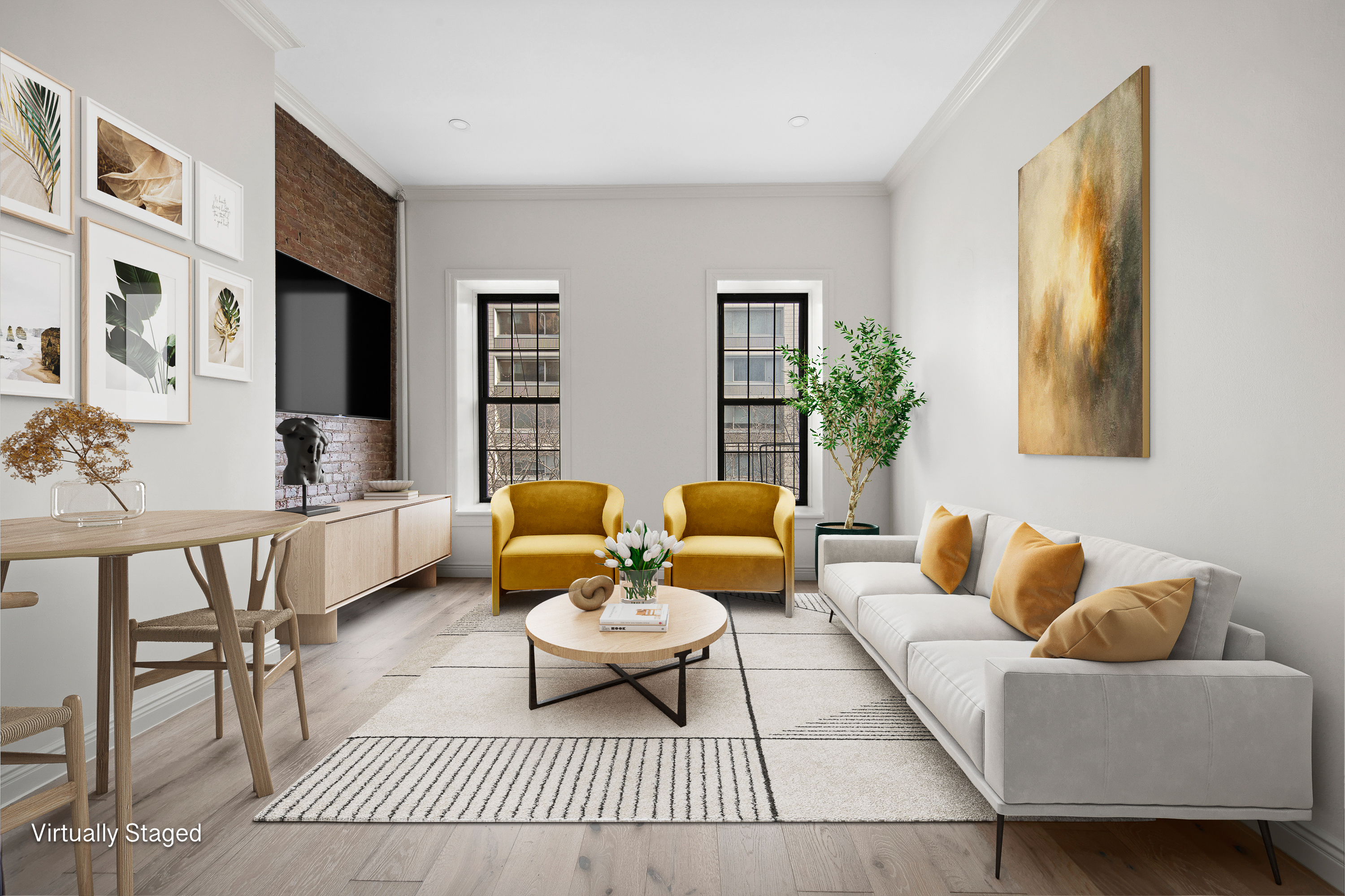 a living room with furniture and a table