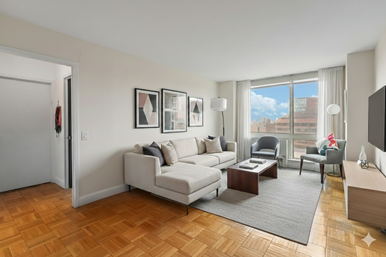 a living room with furniture and a floor to ceiling window