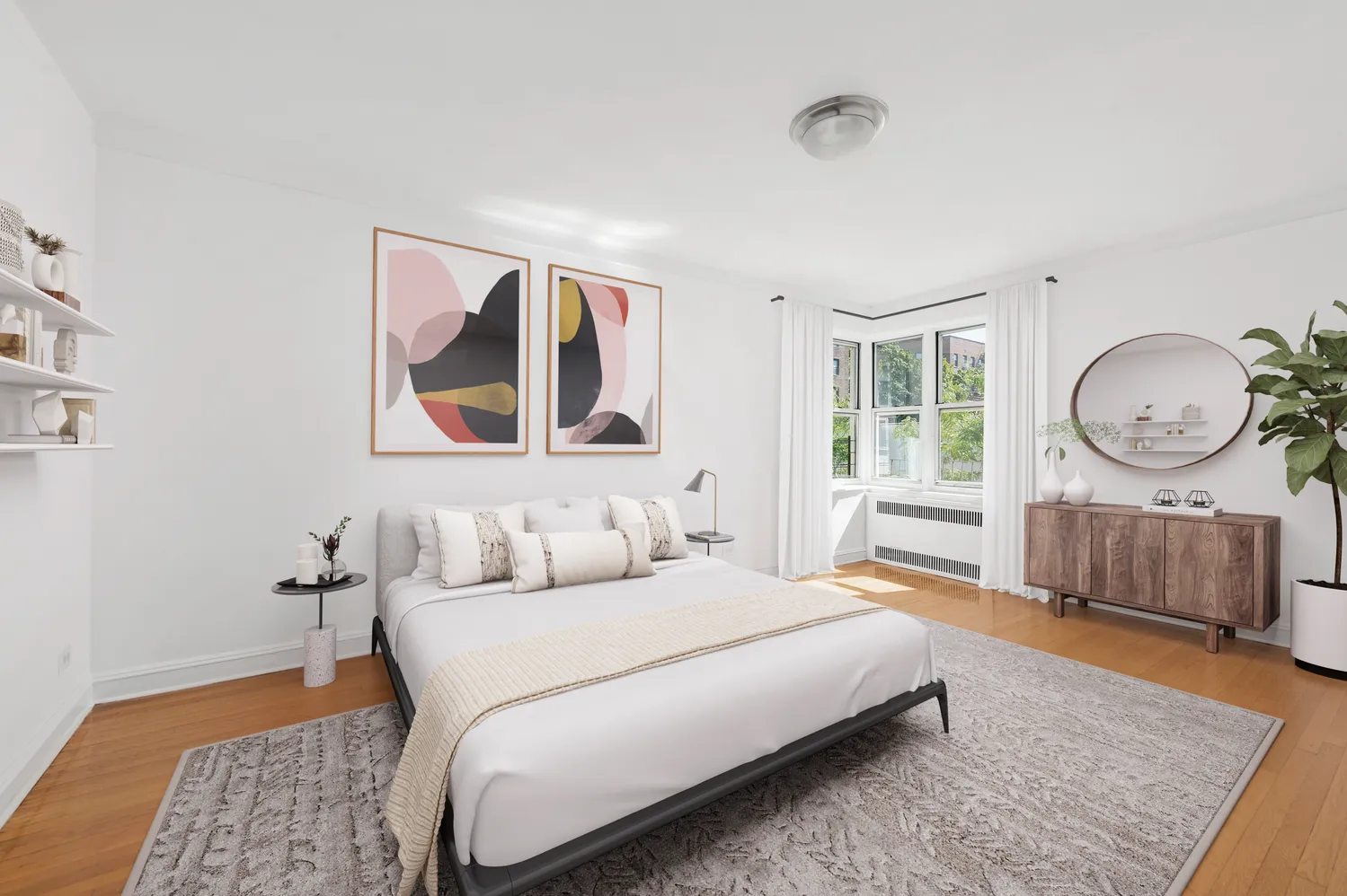 a bedroom with a bed a mirror and a window