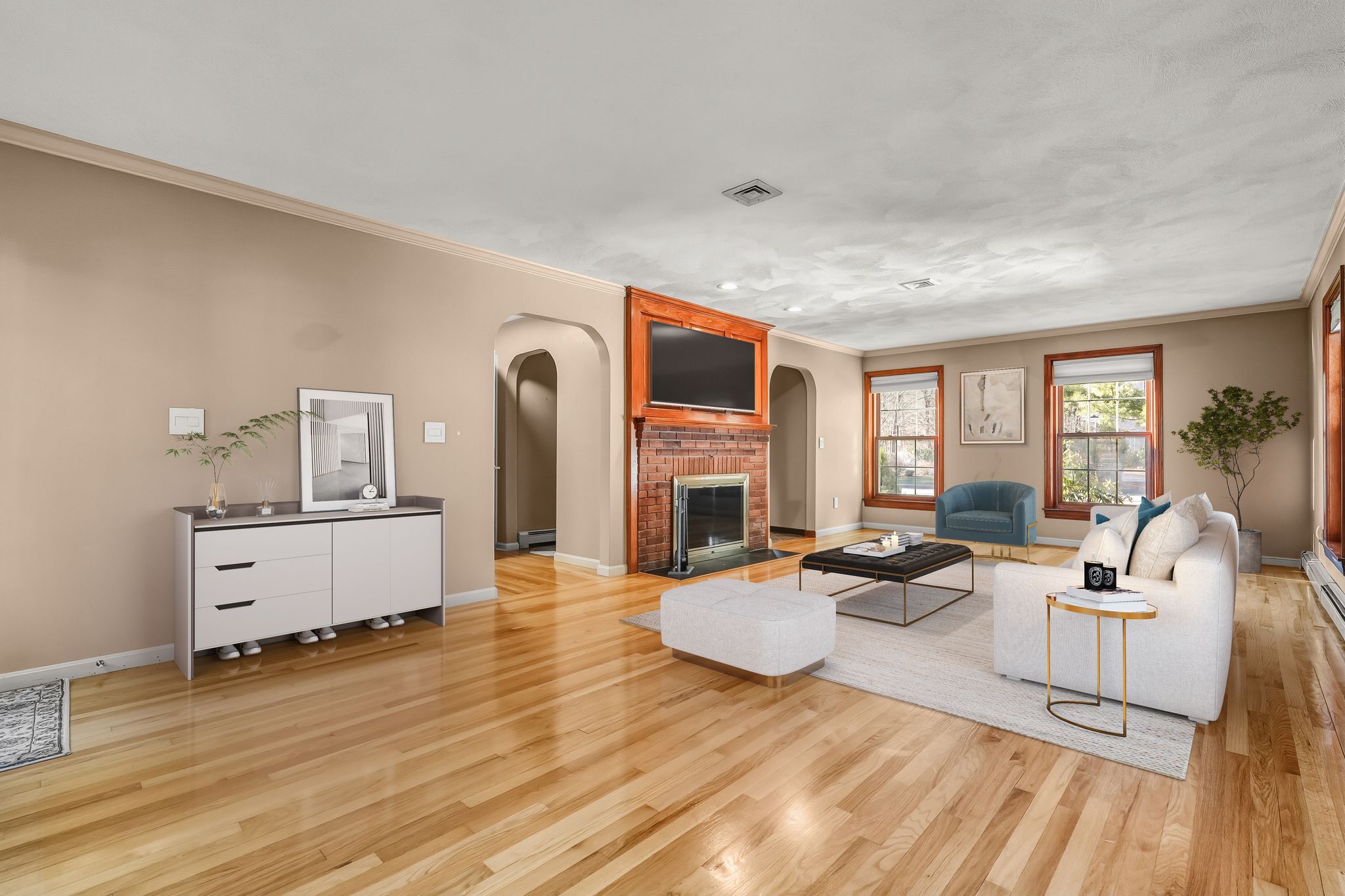 129 H J Albee Drive Braintree, MA 02184 - Photo 6 of 36 a living room with fireplace furniture and a large window