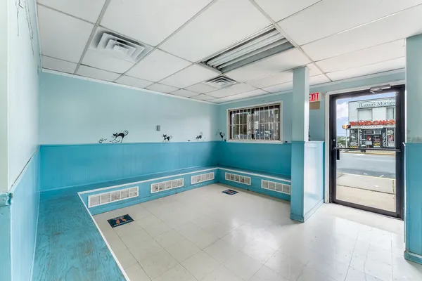 a view of a room with shelves