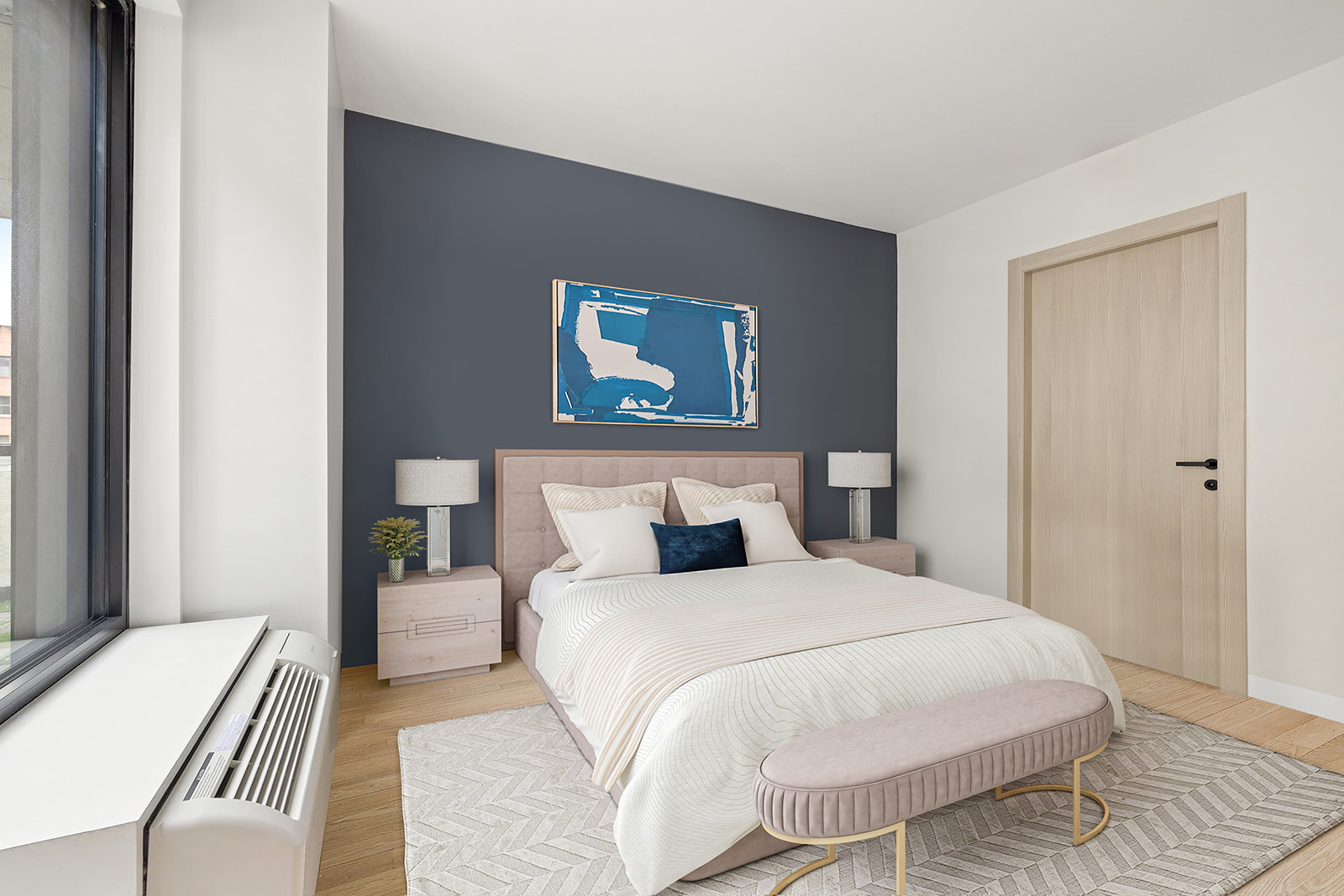 181 East 101st Street, Unit 501 Manhattan, NY 10029 - Photo 2 of 12 a bedroom with a bed and a painting on the wall