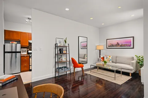 a living room with furniture a rug and a closet