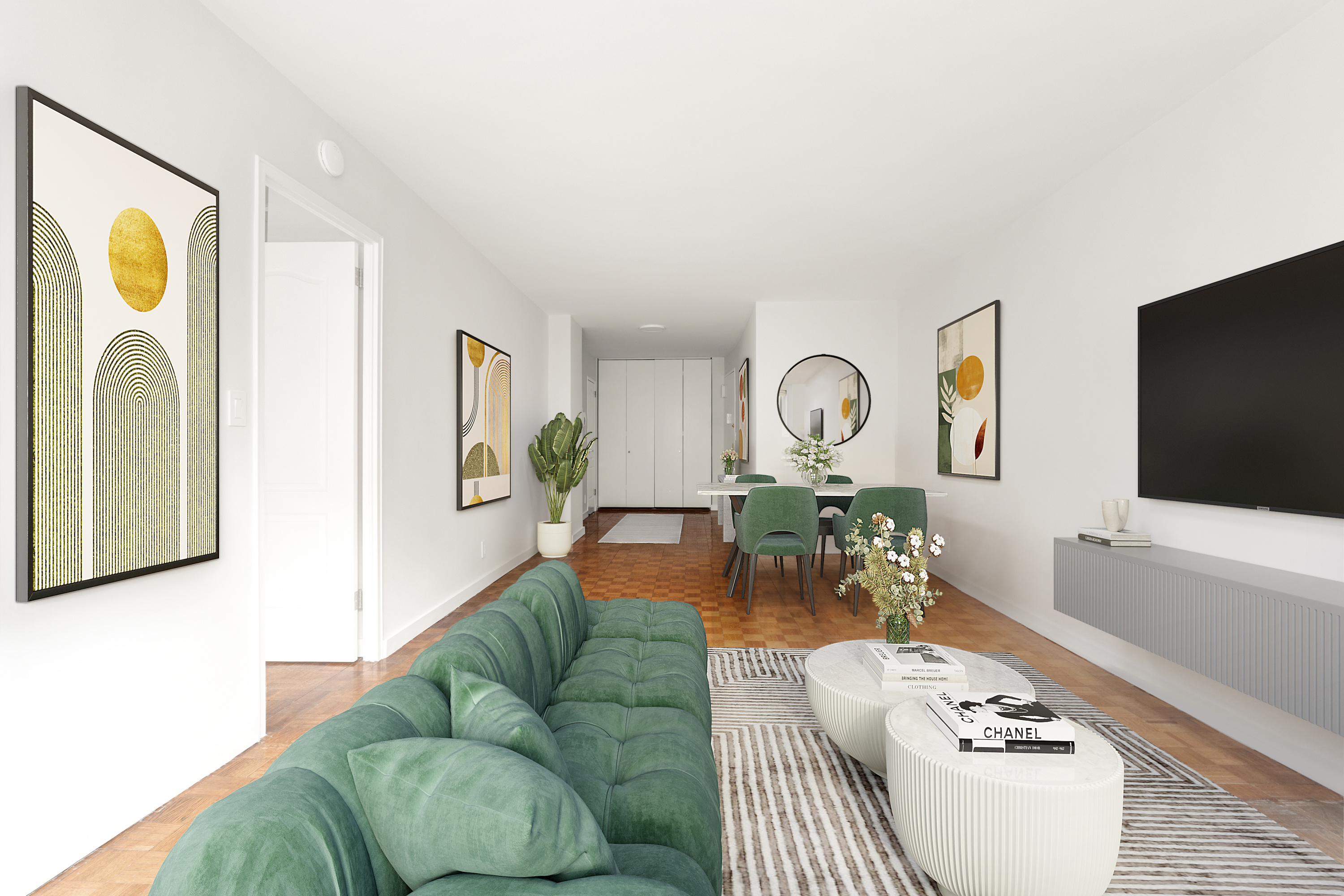 520 East 72nd Street, Unit 10H Manhattan, NY 10021 - Photo 4 of 10 a living room with furniture and a flat screen tv