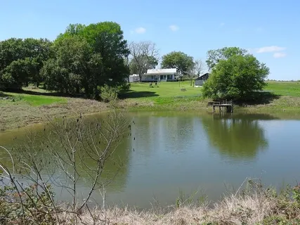 a view of a lake with houses in the background