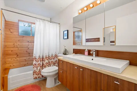 a bathroom with a sink a toilet and shower