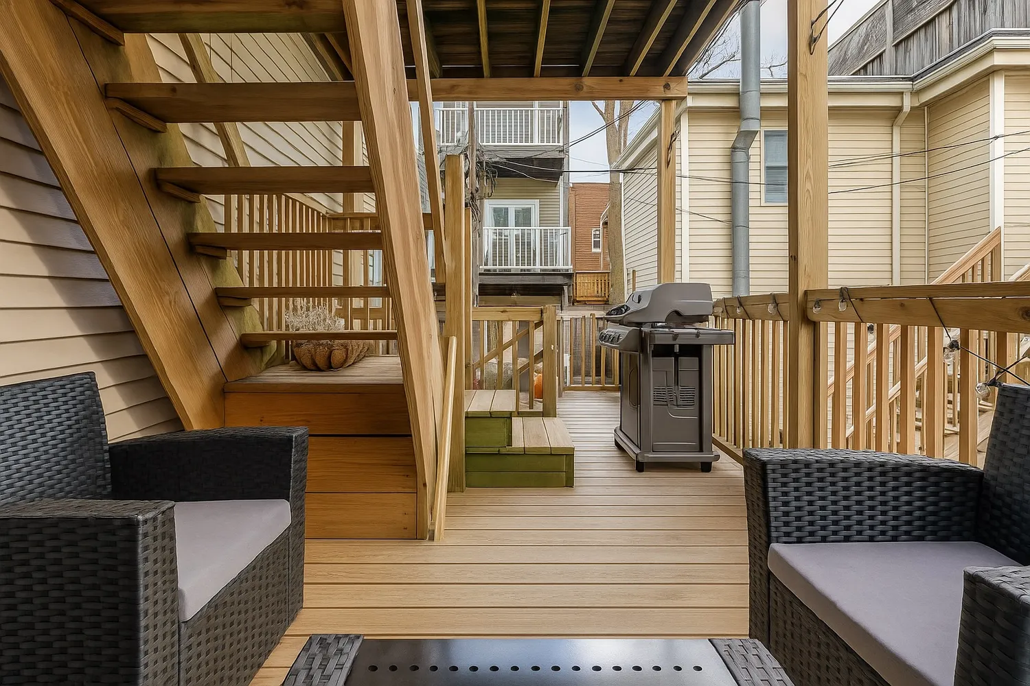 a view of a balcony with chairs and wooden floor