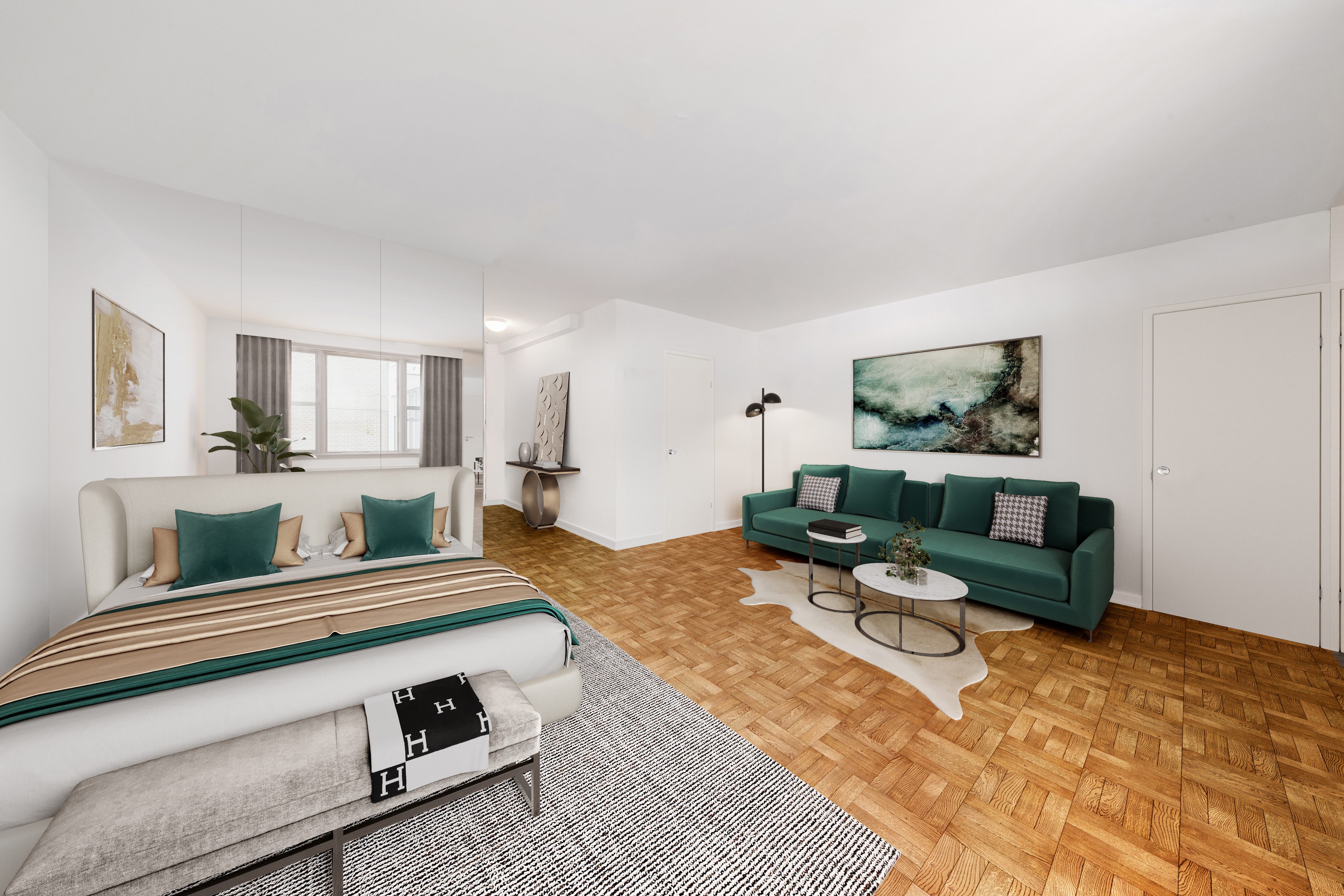 a living room with furniture and wooden floor