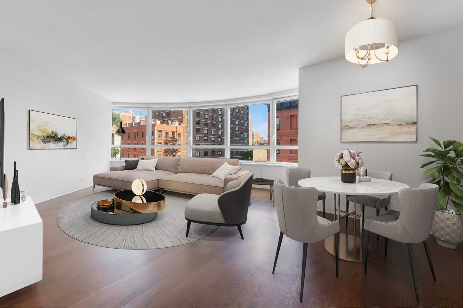 a living room with furniture dining table and a large window