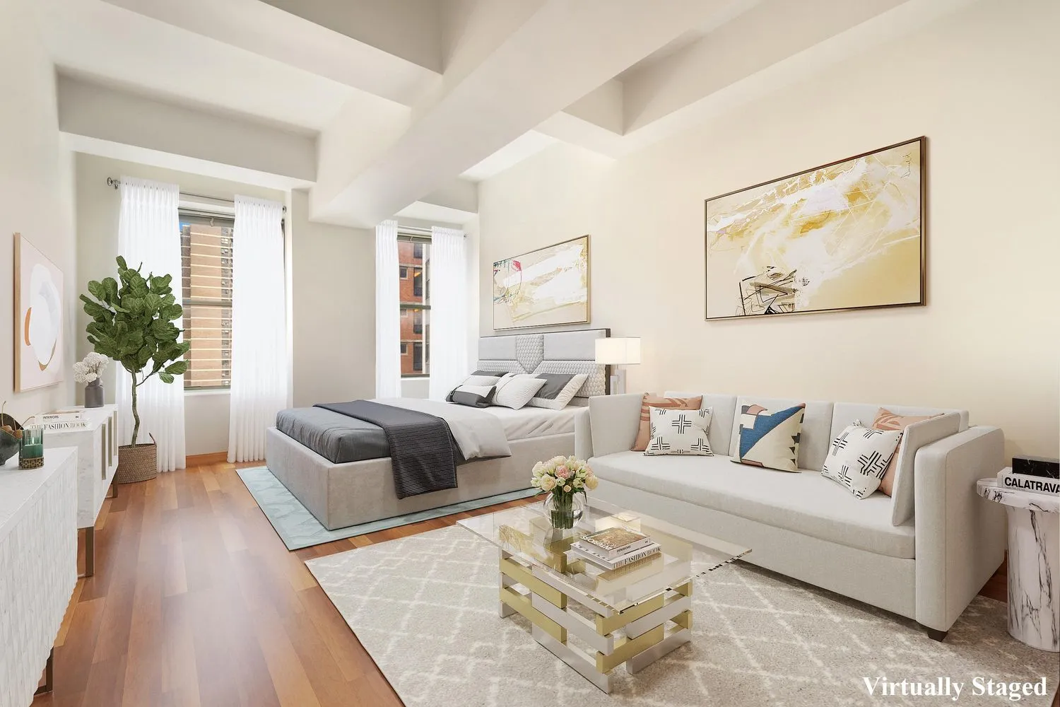 a living room with furniture or couch and a potted plant