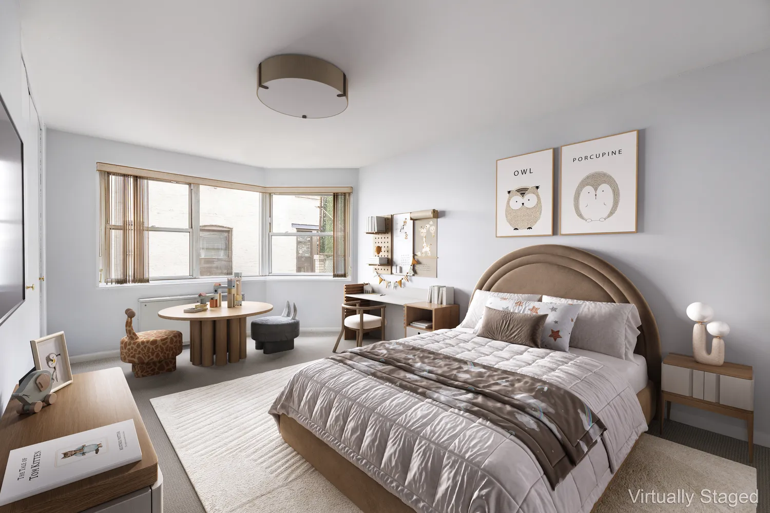 a bedroom with bed and a large window