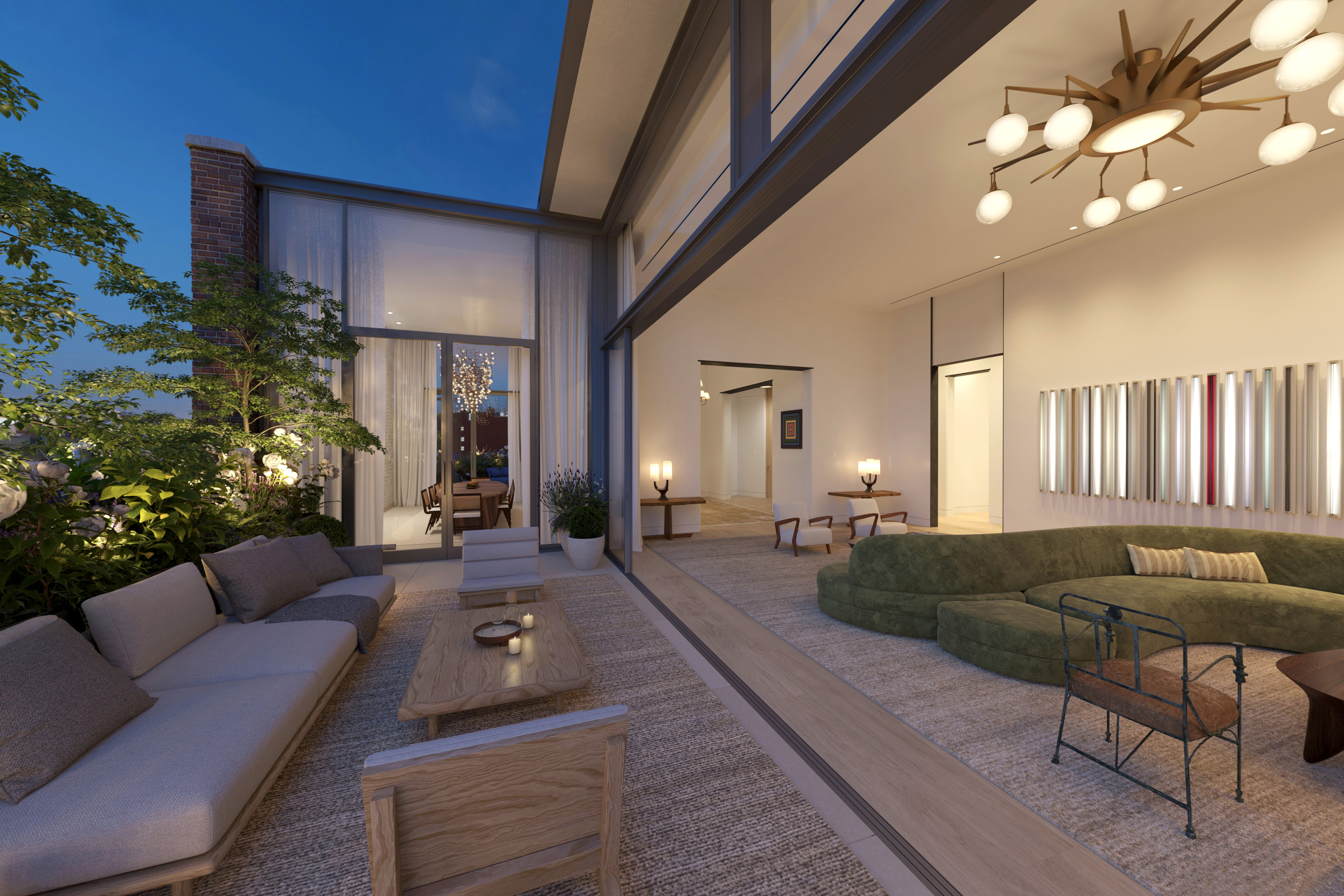 125 Perry Street, Unit PHE Manhattan, NY 10014 - Photo 3 of 17 a living room with furniture and a chandelier