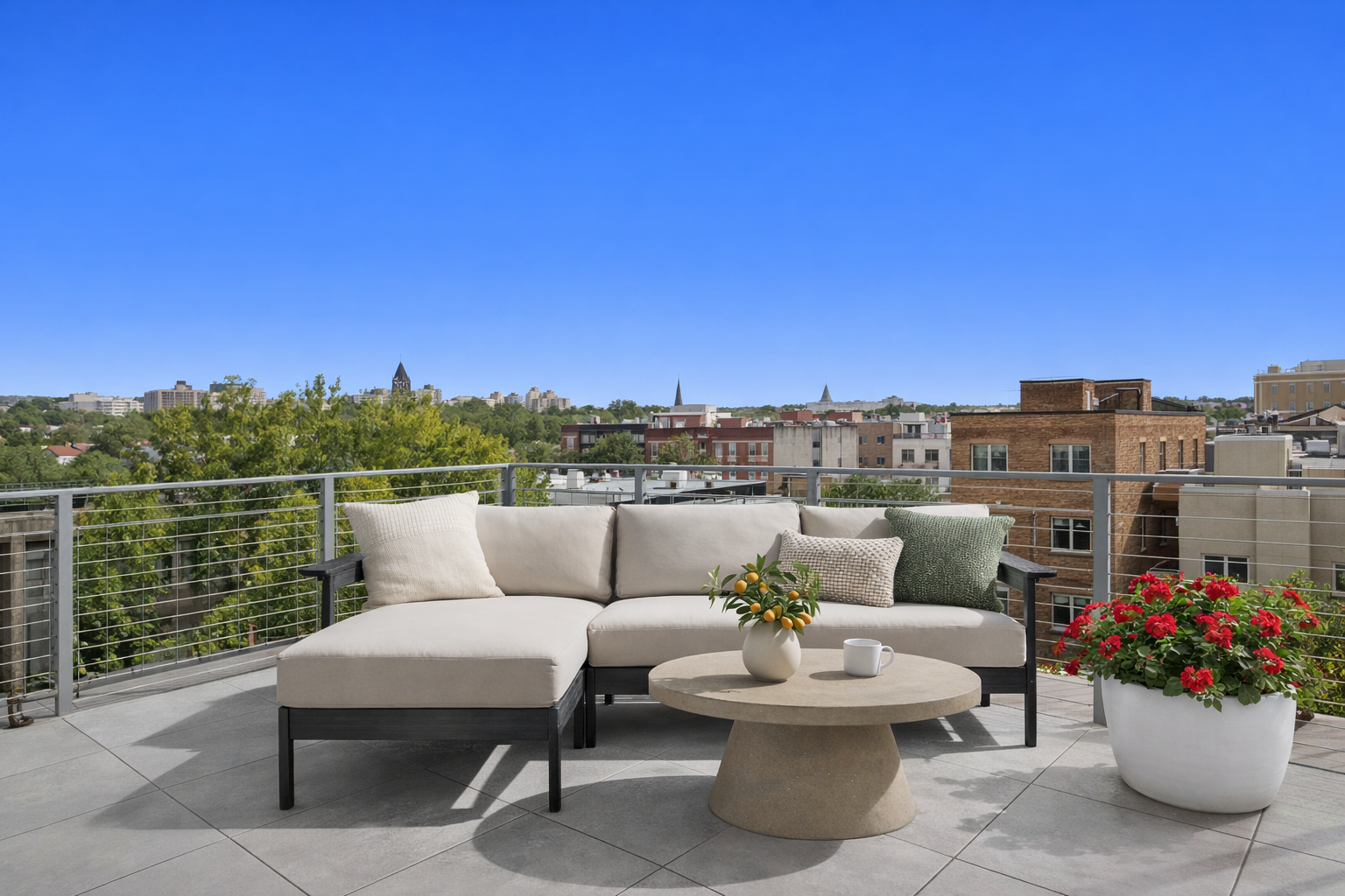 a roof deck with couches and potted plants