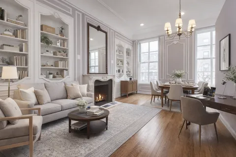 a living room with furniture fireplace and large windows