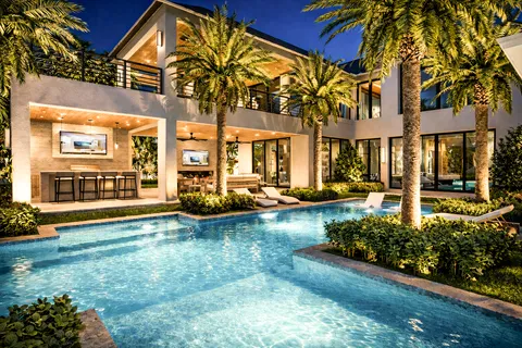a view of a house with a swimming pool and porch with furniture