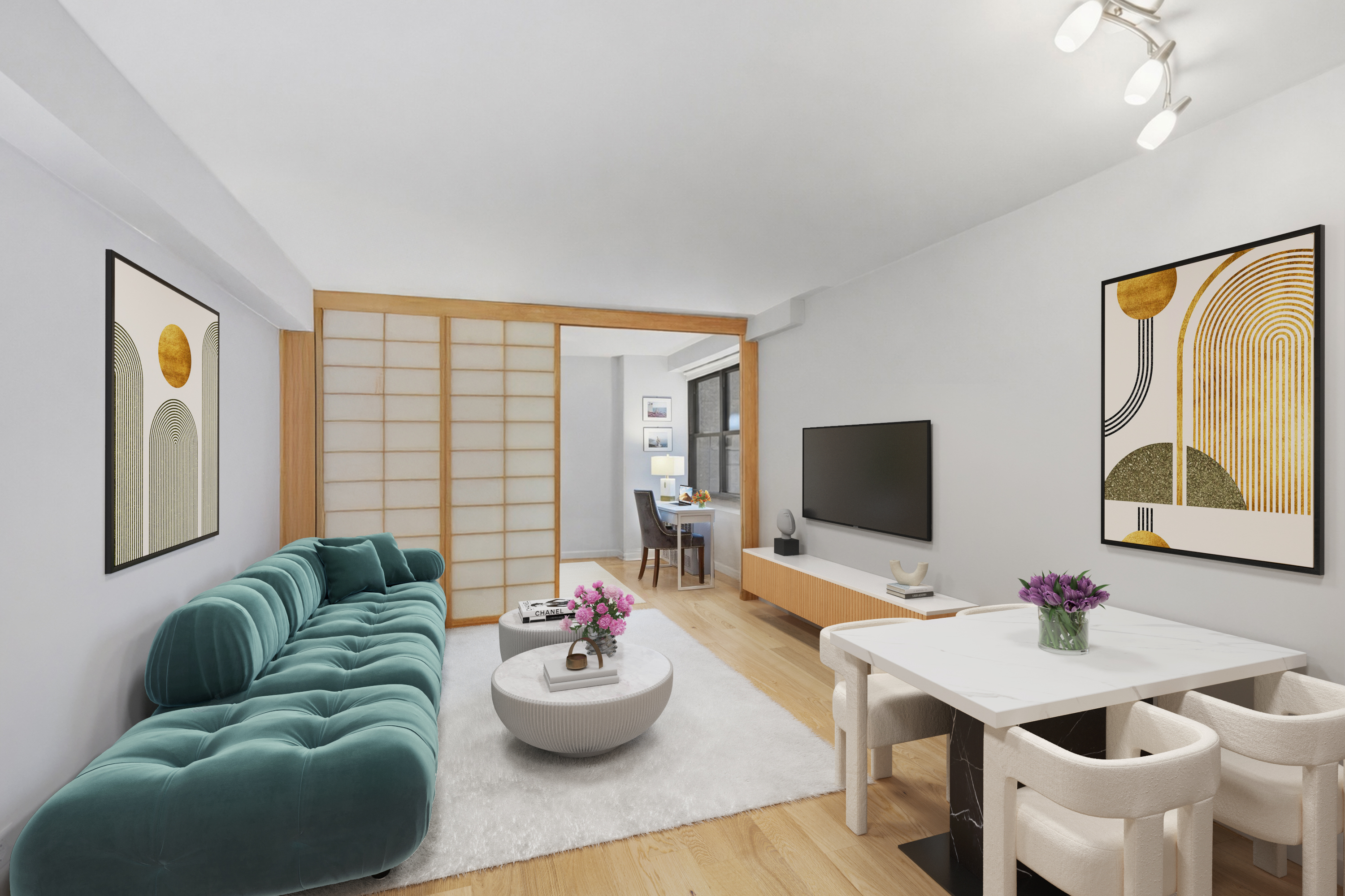 345 East 81st Street, Unit 12G Manhattan, NY 10028 - Photo 1 of 8 a living room with furniture and a flat screen tv