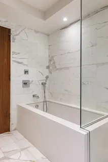 a bathroom with a bathtub and a shower
