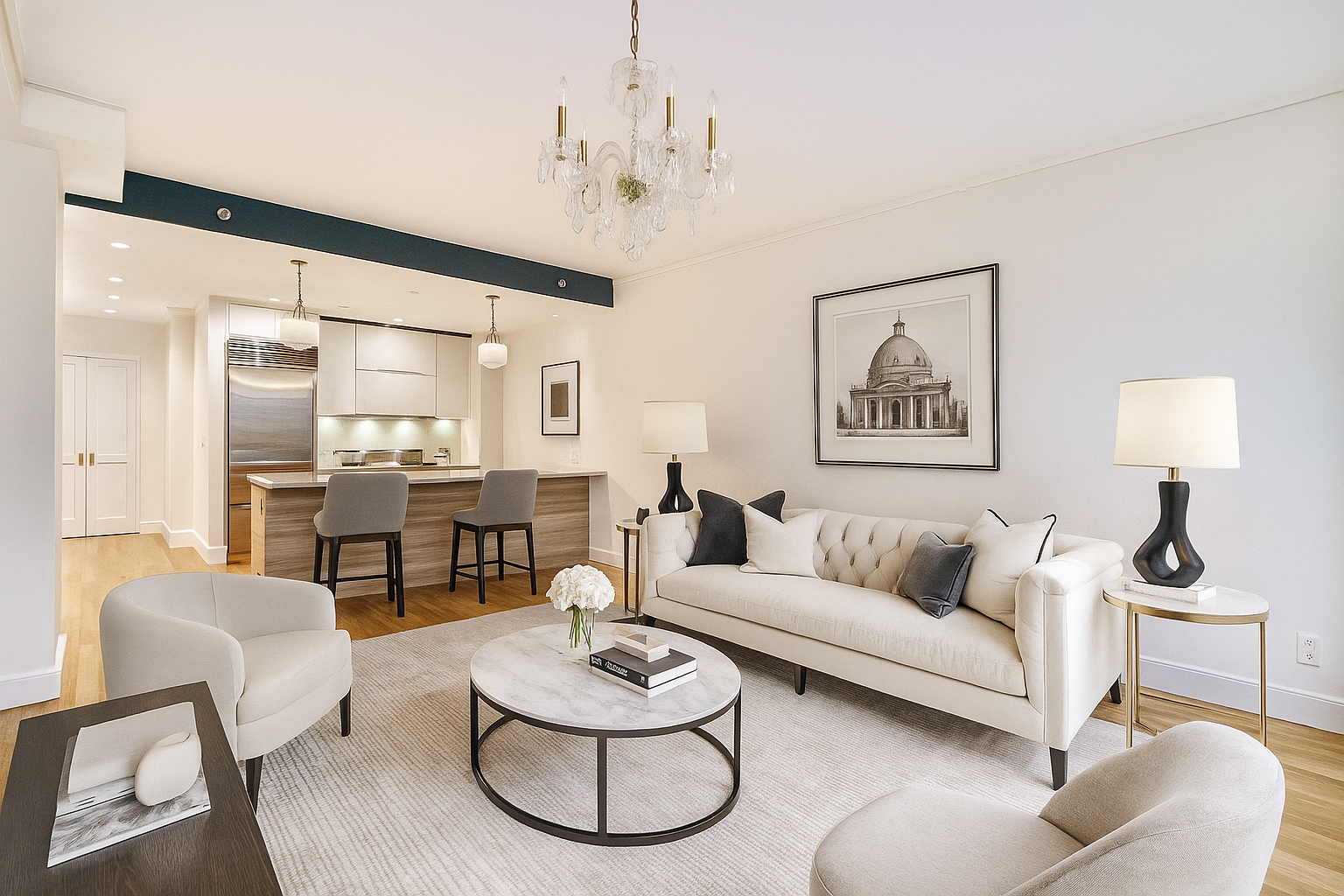 a living room with furniture and a chandelier